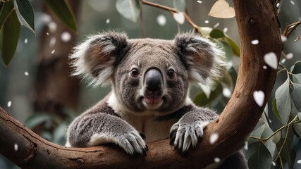 Fototapeta premium A koala resting on a branch, surrounded by leaves and a serene atmosphere.