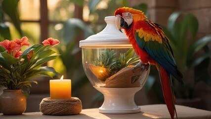 A vibrant parrot perched near a decorative terrarium and candle in a botanical setting.