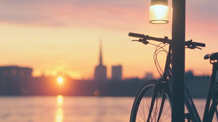 Obraz premium Bicycle resting against a lamppost at sunset with silhouette cityscape in the background