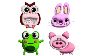 Set of animals Owl Bunny Face Frog Pig