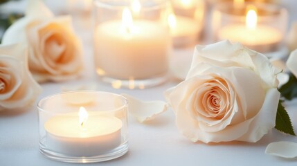 Romantic candlelit dinner table with elegant wine glasses and roses for intimate celebrations