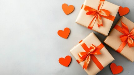 Romantic Gifts Wrapped in Kraft Paper with Orange Ribbons and Hearts