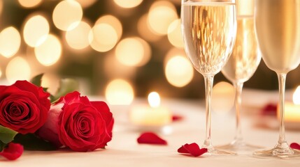 Romantic candlelit dinner table with wine and roses