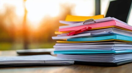Stack of Documents Papers Office Work Workspace Desk Sunset Light