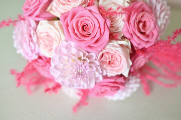 Wedding flowers, close-up of bridal bouquet. Decoration made of roses, peonies and decorative plants, close-up, selective focus, nobody, objects