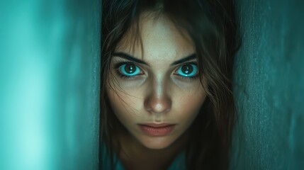 A frightened young woman crouches in a shadowy corner, her face reflecting deep fear and anxiety as she navigates a particularly tense moment in her life