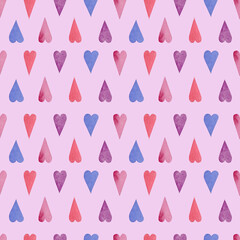 Romantic pattern of hearts in soft pink, red, lavender, and light blue. The watercolor technique adds a gentle, tender touch, for loving atmosphere for Valentine Day cards, gifts, and decorations.