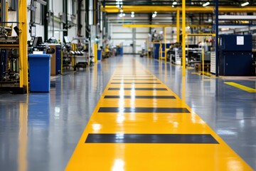 Industrial Factory Floor Yellow Black Stripes Clean Modern Production Line
