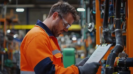 Factory Worker Reviewing Checklist Industrial Maintenance Inspection
