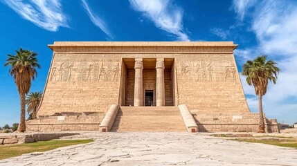 Fototapeta premium Ancient Egyptian Temple Against a Blue Sky with Palm Trees