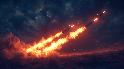 Fototapeta premium Rockets launching through dramatic sunset sky igniting powerful flames, space exploration concept