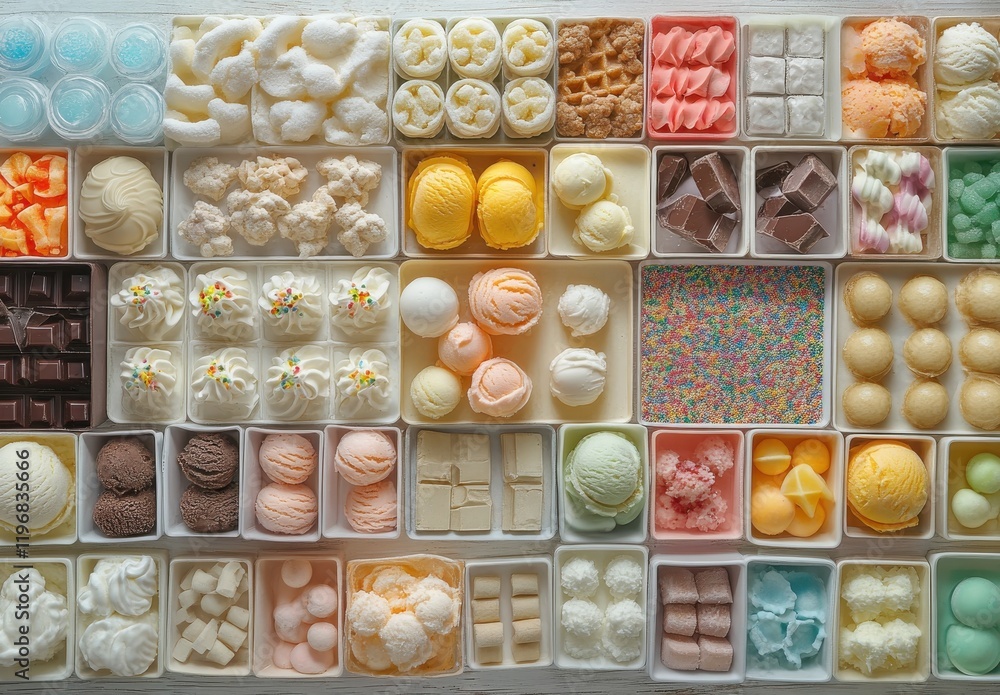 Poster colorful arrangement of various confectioneries and ice creams in neatly organized trays, showcasing