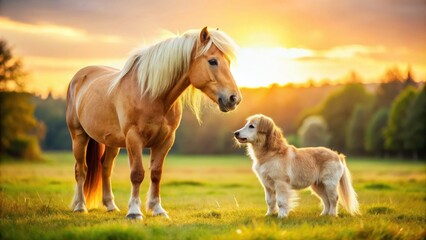 Obraz premium A golden retriever's sweet encounter with a tiny horse: friendship in a single, precious photo.
