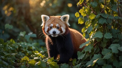 Fototapeta premium A red panda amidst lush greenery, showcasing its playful nature in a serene environment.