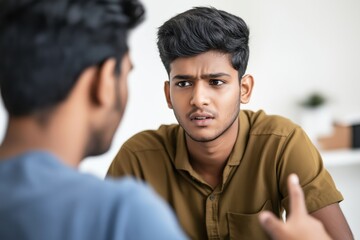 Fototapeta premium Diverse group of young male colleagues engaged in discussion with Indian business leader in modern workspace
