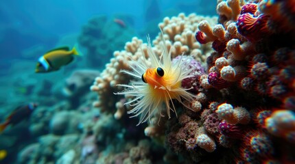 Fototapeta premium macro close-up of a small subject within an underwater scene, featuring a coral reef and exotic fish 