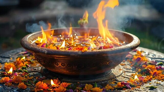 Traditional ritual with flames and flowers at a serene outdoor setting during the festival