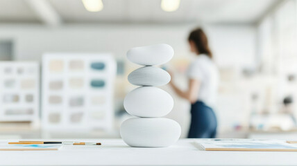 Sculpture Workshop Themed, minimalist sculpture of stacked stones in creative workspace
