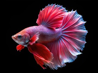 Fototapeta premium A striking pink halfmoon Pla-kad betta fish, sharply isolated on a black backdrop.