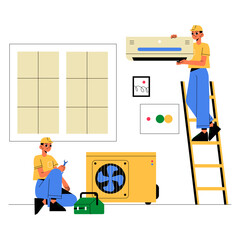 Two HVAC Technicians Installing Air Conditioning System In Flat Vector Illustration Symbolizing Cooling Equipment Setup And Maintenance, Isolated On White Background