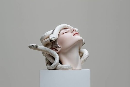 Woman posing as medusa with white snakes on gray background