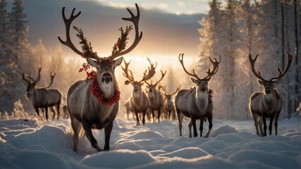Obraz premium A group of reindeer adorned with festive decorations in a snowy landscape at sunset.
