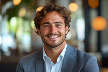 Obraz premium Businessman smiles confidently in a modern office setting, showcasing professional charm and a positive atmosphere during a productive workday