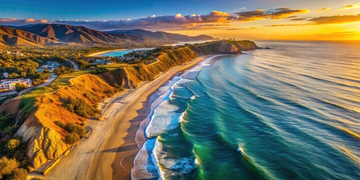 California coastal sunset: Aerial Zuma Beach captures Point Dume's autumn hues in breathtaking Malibu photography.