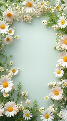 Fototapeta premium Flat lay top view of a natural festive spring frame background with daisy flowers. Floral border with spring celebration vibes. Copy space. Generative AI. 