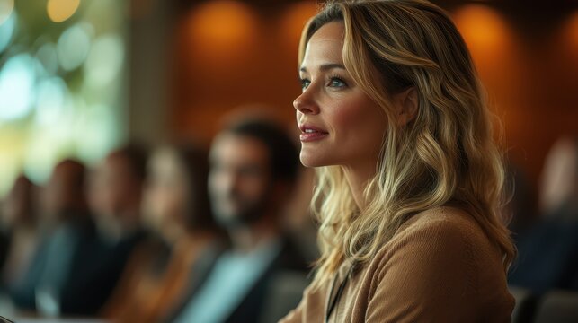 A seasoned businesswoman shares valuable insights at a professional seminar held in a contemporary conference room that captivates an attentive audience