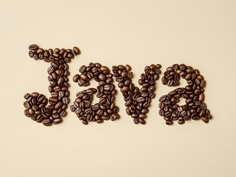 Creative arrangement of coffee beans spelling Java on a neutral background