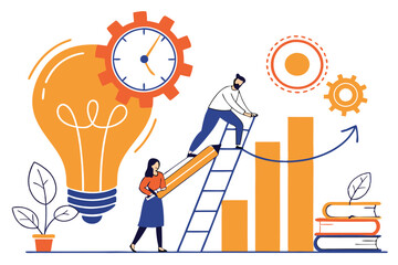 Colorful vector illustration, business teamwork concept, giant light bulb, people working together, office setting, growth chart, clock, ladder, books, gears, bright orange and blue colors, flat desig