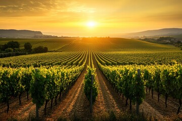 A stunning sunrise over a lush vineyard rows of grapevines bathed in golden light serene landscape outdoor scene nature's beauty