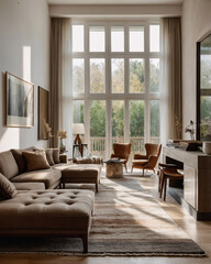 Inviting European inspired living room with beige sofa wood coffee table fireplace and sweeping views of mountains Interior Design Inspiration