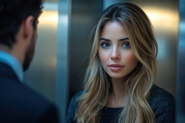 In a modern elevator filled with the buzz of a busy workday, a strong businesswoman confidently converses with a colleague, exchanging ideas and insights