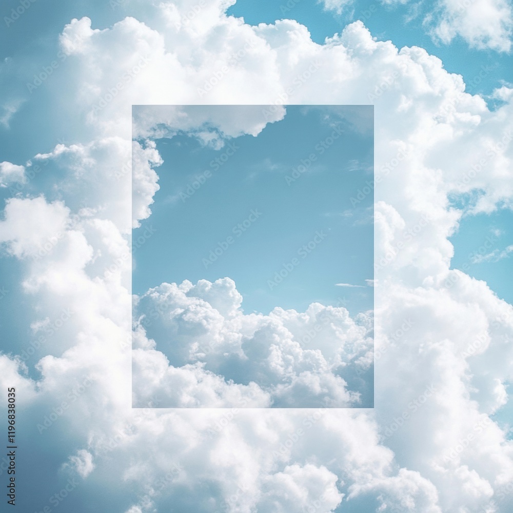 Poster Empty rectangular frame in a bright sky surrounded by fluffy clouds inviting creative expression and imagination. Generative AI