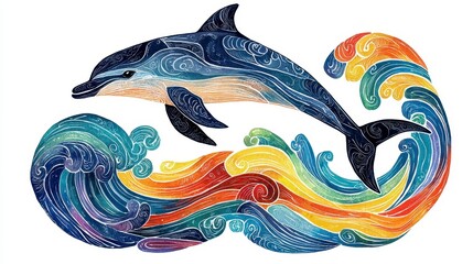 Colorful Dolphin Swimming Through Vibrant Waves in Artistic Style