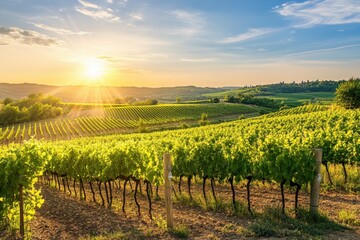 Naklejka premium Sunlit vineyard rows of grape vines in scenic landscape serene sunset viewpoint nature photography capturing the beauty of a vineyard environment