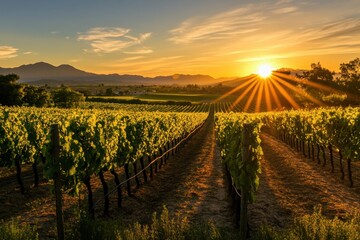 Naklejka premium Stunning vineyard sunset with long shadows cast by vines rolling hills and majestic mountains in the background serene landscape imagery for nature lovers