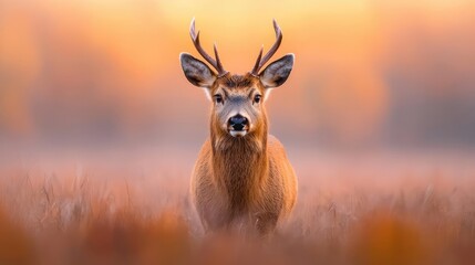 Majestic deer in autumn field at sunset, nature scene