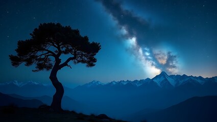 A solitary, gnarled juniper silhouetted against a Milky Way sky and mountains, representing resilience and wonder, suitable for travel blogs, nature calendars, and inspirational social media posts.