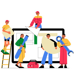 Construction Team Planning Project With Large Screen In Flat Vector Illustration Symbolizing Teamwork, Creativity, And Home Design, Isolated On White Background