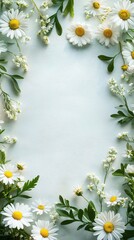Fototapeta premium Flat lay top view of a natural festive spring frame background with daisy flowers. Floral border with spring celebration vibes. Copy space. Generative AI. 