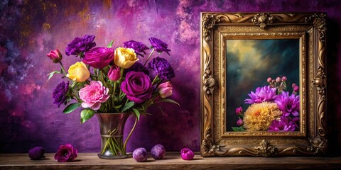Elegant vintage floral photography, rich purple tones, textured background.