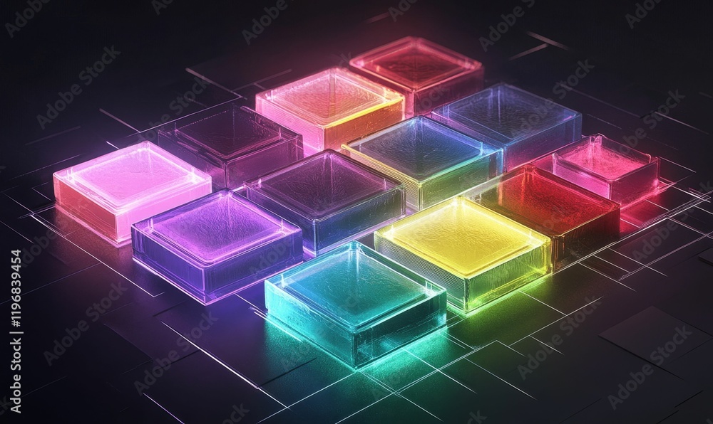 Wall mural Glowing, colorful glass cubes on dark surface.