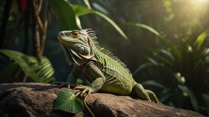 Fototapeta premium A green iguana perched on a rock amidst lush vegetation in a vibrant jungle setting.