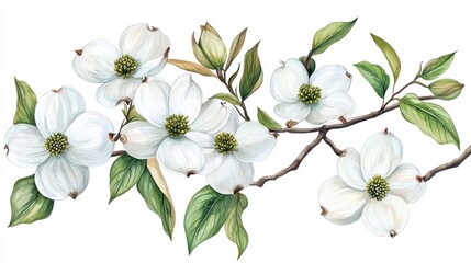 Obraz premium Elegant White Dogwood Blooms and Green Leaves on a Branch