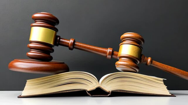 A wooden gavel rests on an open legal book, symbolizing the importance of law and justice. This arrangement highlights the foundational role of legal literature in court proceedings
