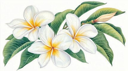 Beautiful White Plumeria Flowers with Green Leaves Illustration