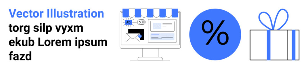 Computer screen with store awning, email icon, discount symbol in blue circle, and gift box. Ideal for e-commerce, marketing, online promotions, advertising, sales events holiday shopping customer
